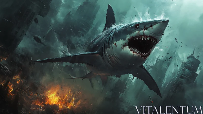 Colossal shark storms a ruined city in moody apocalyptic seas