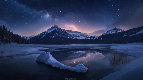 Nocturnal alpine lake under stellar arc and snowbound peaks.
