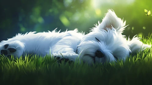 Small white dog resting on grass in soft daylight.