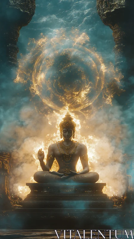 Celestial Buddha amid blazing mandala of sacred light.