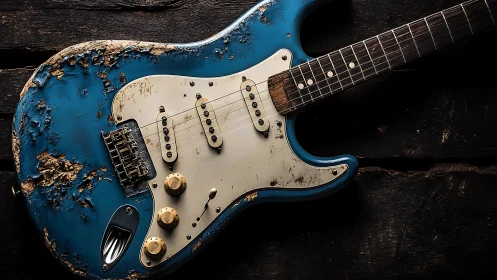 Weathered blue guitar wears its battle scars like medals