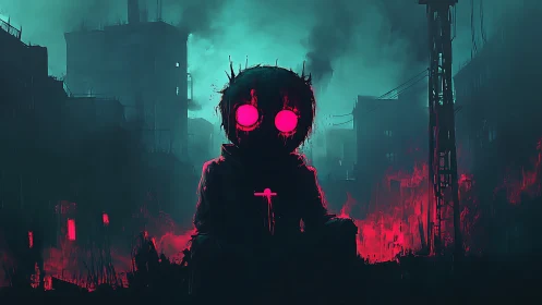 Neon-eyed figure amid burning cyberpunk ruins at night.