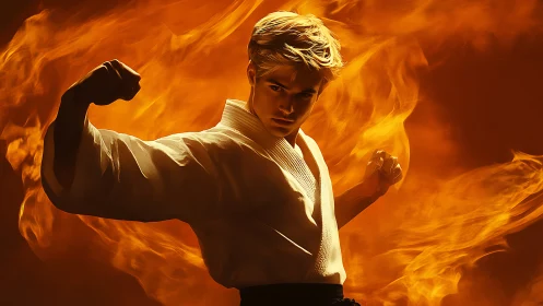 Martial artist channels blazing fire in dramatic motion.