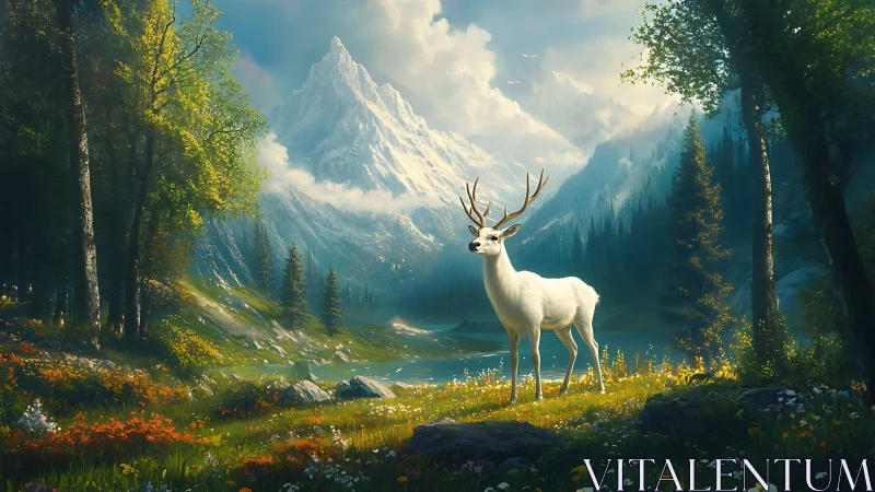 Mountainborn white stag guarding a sunlit mythic valley.