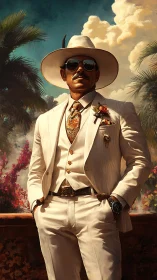 Elegant gentleman in white suit under tropical sunlight.