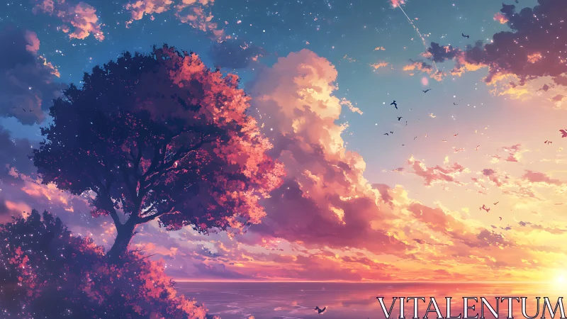 Solitary tree silhouetted against vivid sunset sky.