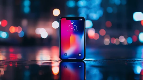 Sleek smartphone glows on wet city street at vibrant night