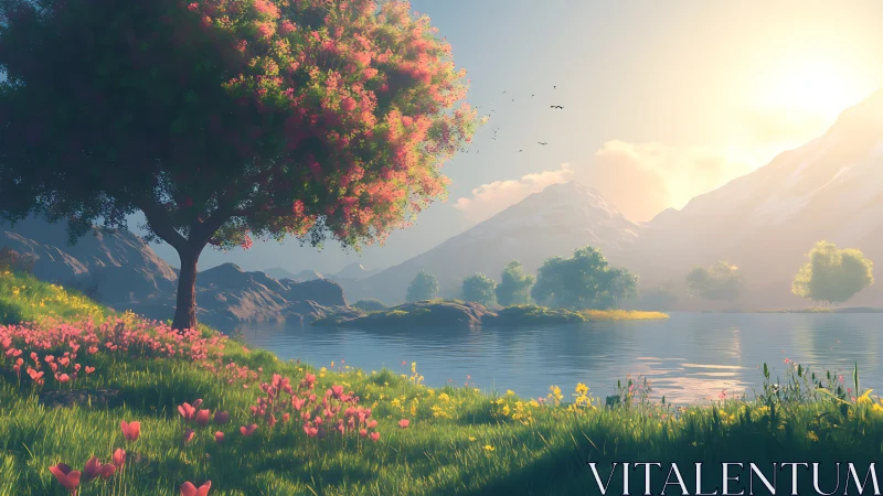Sunlit lakeside blossoms glow beneath misty mountains.