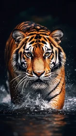 Storm-striding tiger cuts through moonlit river with firelit eyes.