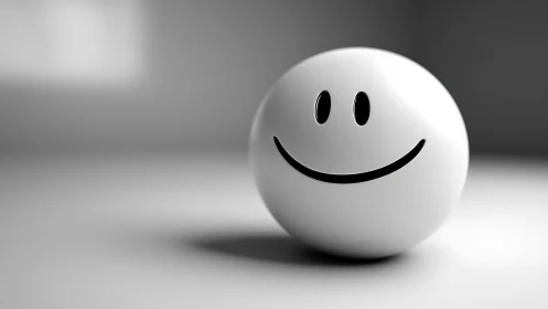 Glossy smiley sphere basking in soft grayscale calm.