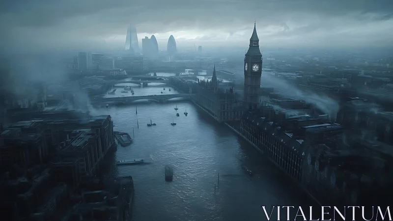 Flooded dystopian London skyline under storm-laden clouds.