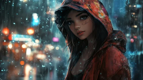 Rainlit city girl in a red hooded coat at blue dusk.