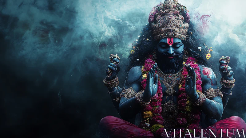 Blue multi-armed deity figure sits in frontal view amid smoke