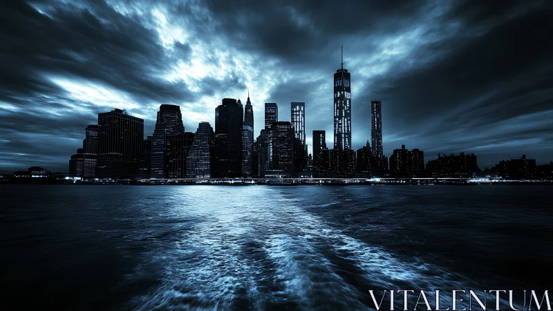 Nocturnal waterfront skyline rendered in high-contrast monochrome