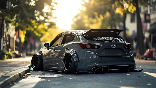 Stanced gray Mazda sedan under golden hour streetlight glow.