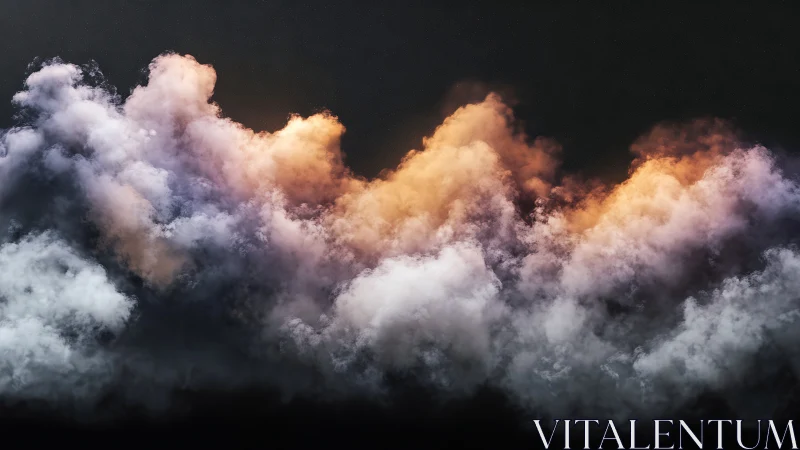 Luminous volumetric clouds against deep black skyscape.