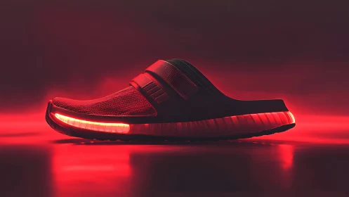 Red illuminated slide sandal profile in low key studio light.