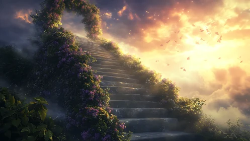 Sunlit stone stairway ascends through luminous floral arch
