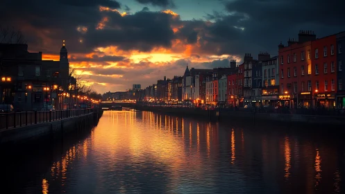 Riverside urban corridor under calibrated sunset luminance field.