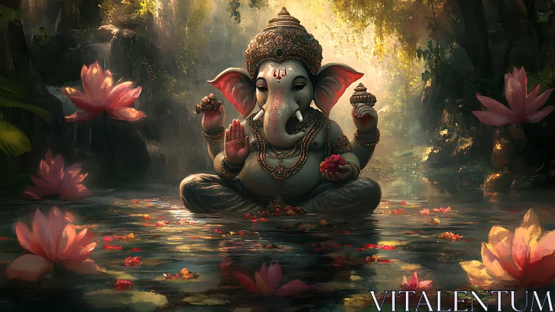 Lotus-lit Ganesha meditates in a misty forest stream dream.