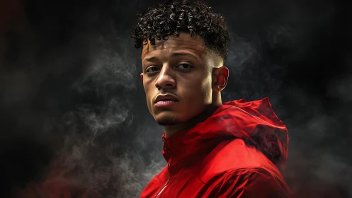 Confident young man stands in bold red jacket amid swirling mist