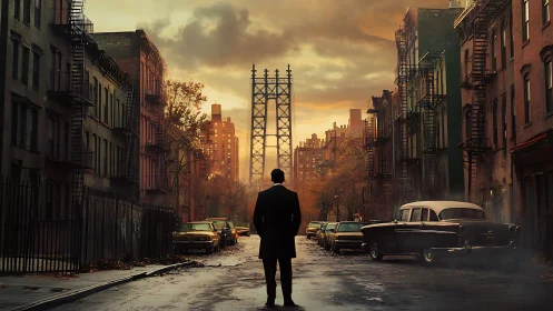 Cinematic urban streetscape with lone figure and bridge silhouette.