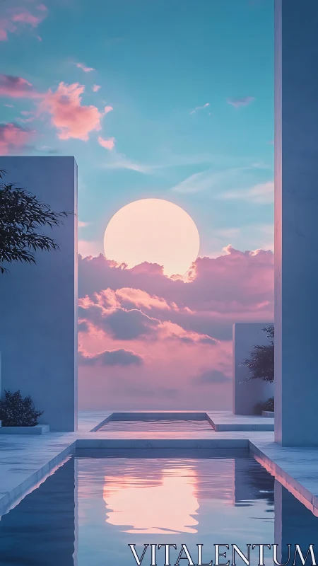 Geometric terrace framing pastel sun over mirrored pool.