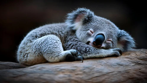 Sleeping koala resting on rock in natural close-up view.