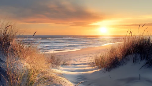 Photorealistic coastal dunes at sunset with layered seascape framing.