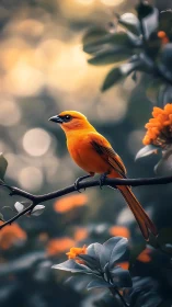 Vivid orange songbird perched on branch in soft bokeh forest.