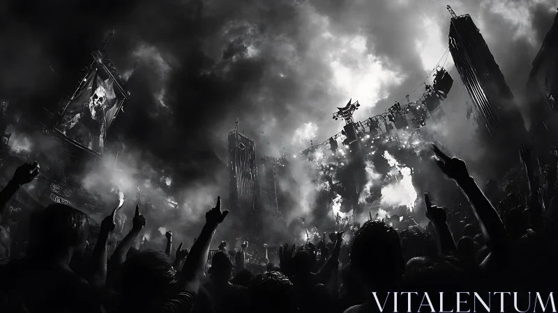 Monochrome crowd erupts beneath apocalyptic concert lights.
