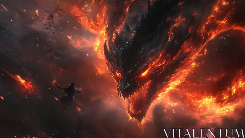 Fiery dragon lunges from molten storm toward lone mage