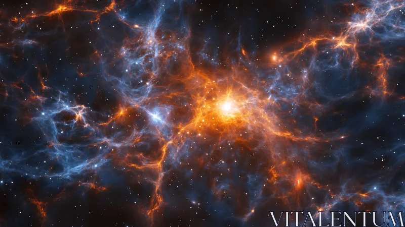 Stellar nebula network with radiant orange-blue gas filaments.