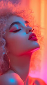 Neon-lit portrait of woman in vivid magenta and cyan glow.