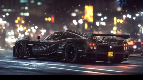 Black sports car on wet city street at night with lights.