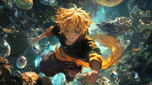 Blond boy swimming underwater amid bubbles and rocky reef