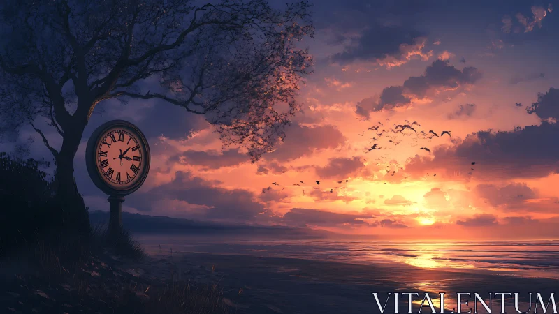 Coastal sunset landscape contrasts antique clock with tidal horizon