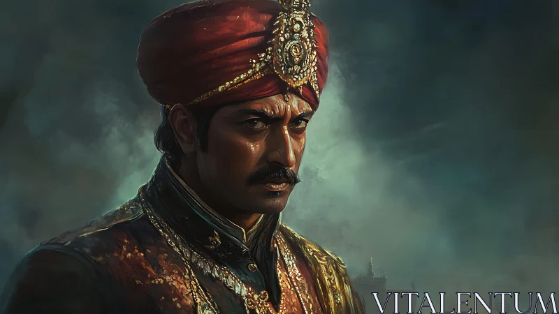 Regal gaze of a jeweled prince in stormy twilight hues.