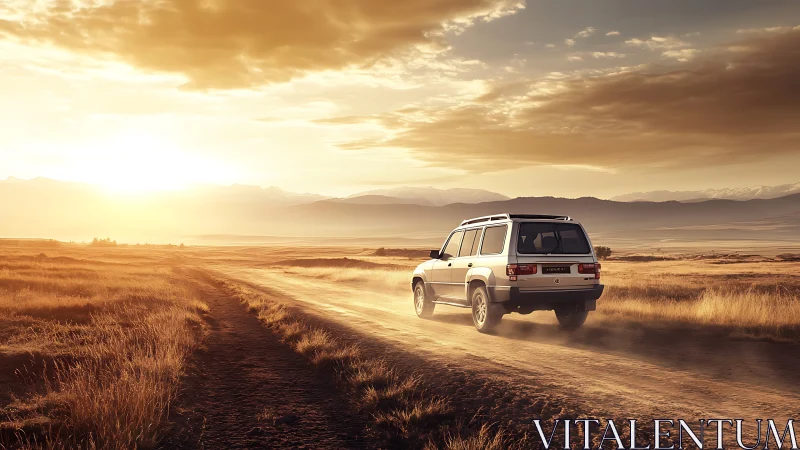 Off-road SUV on dusty rural track at golden hour sunset
