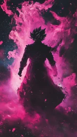 Cosmic warrior silhouette in magenta nebular energy field.