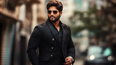 Stylish man in black suit walking confidently outdoors.