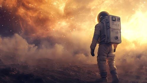Solitary astronaut under blazing cosmic nebula sky.