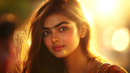 Sunlit gaze of a serene woman in golden evening bokeh glow.
