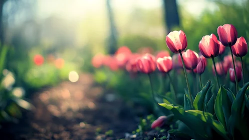 Shallow depth of field garden path with sunlit pink tulips