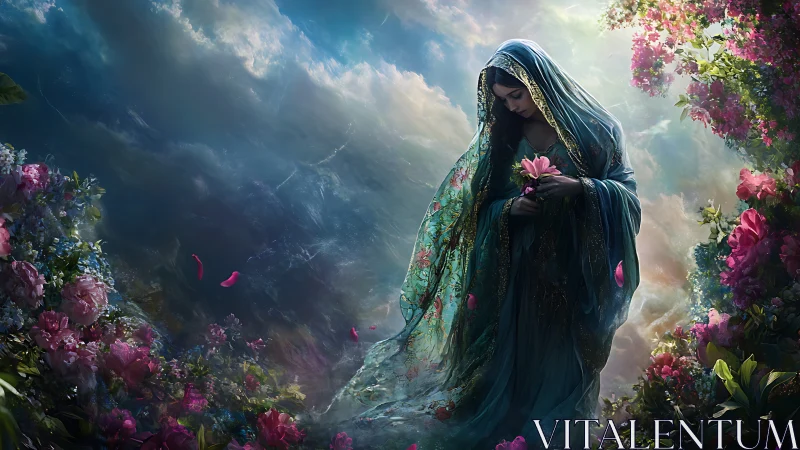 Gentle flower keeper wandering through a dreamlit garden.