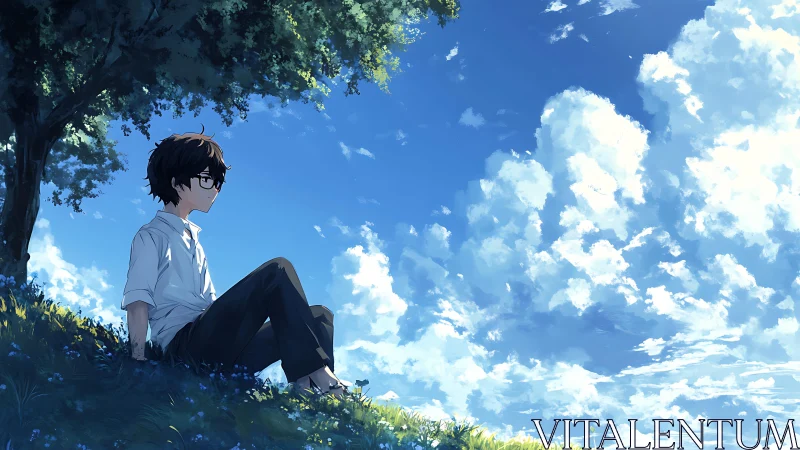 Boy rests beneath summer tree, gazing at vast clouded sky