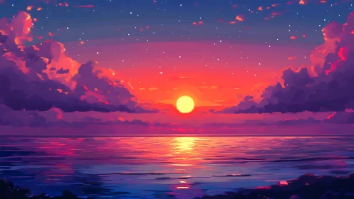 Chromatic ocean sunset with stratified nebular cloud masses.