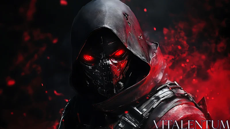 Hooded cyber assassin with glowing red eyes in smoke.