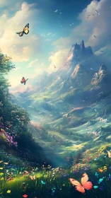 Panoramic fantasy valley with atmospheric mountains and butterflies