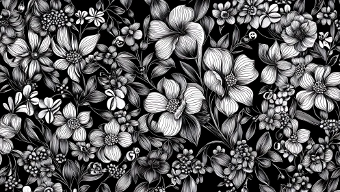 Intricate Botanical Garden: Delicate Flowers in Elegant Pen Work.